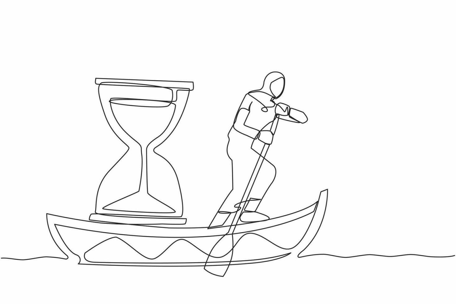 enda kontinuerlig linje teckning arab affärskvinna stående i båt och segling med timglas. fly från deadline. motivering till gå fram. löpning ut av tid. ett linje design vektor illustration