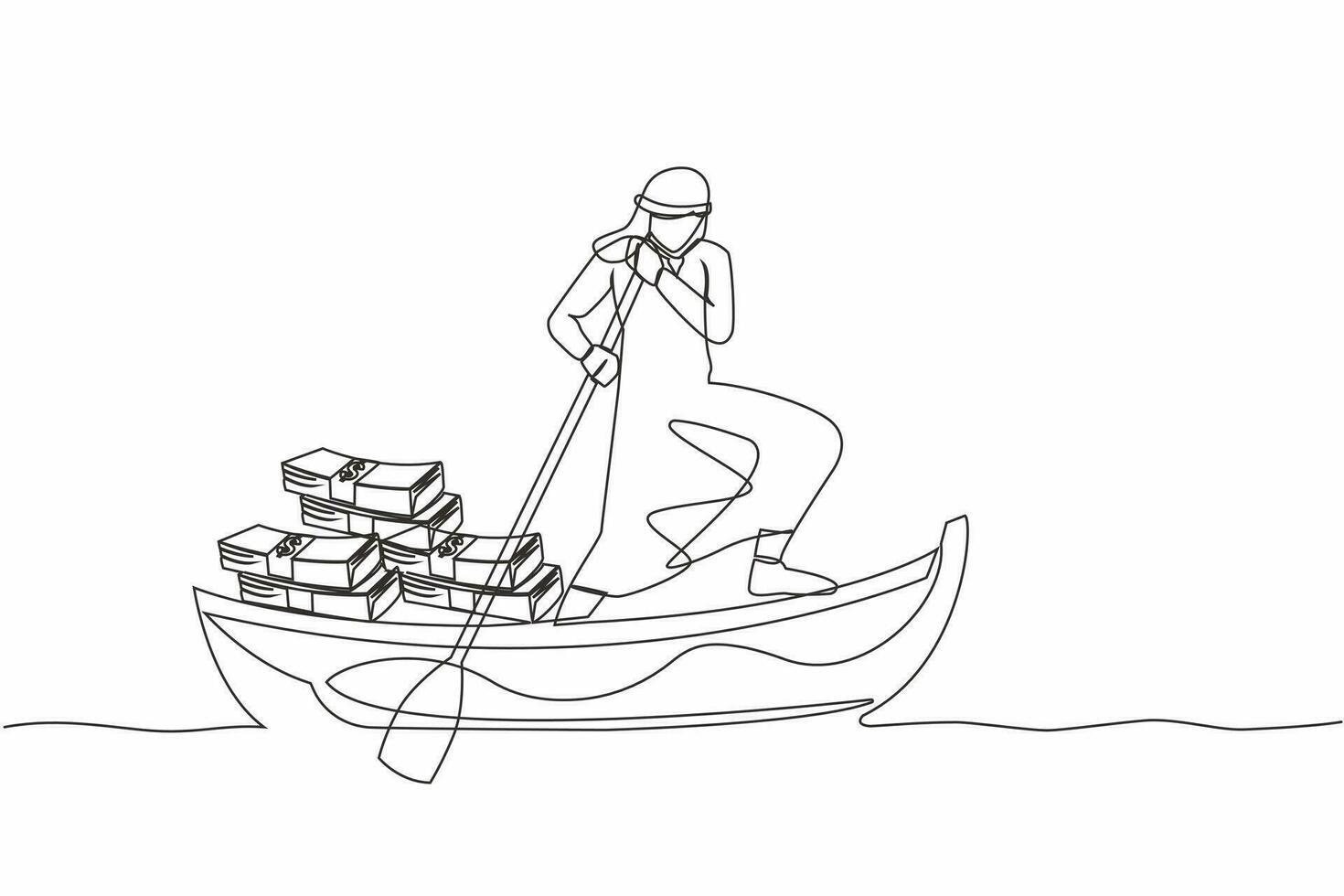 enda kontinuerlig linje teckning arab affärsman segling bort på båt med lugg av sedel. fly med pengar. finansiell brottslighet, beskatta undvikande, pengar tvättning. ett linje dra design vektor illustration