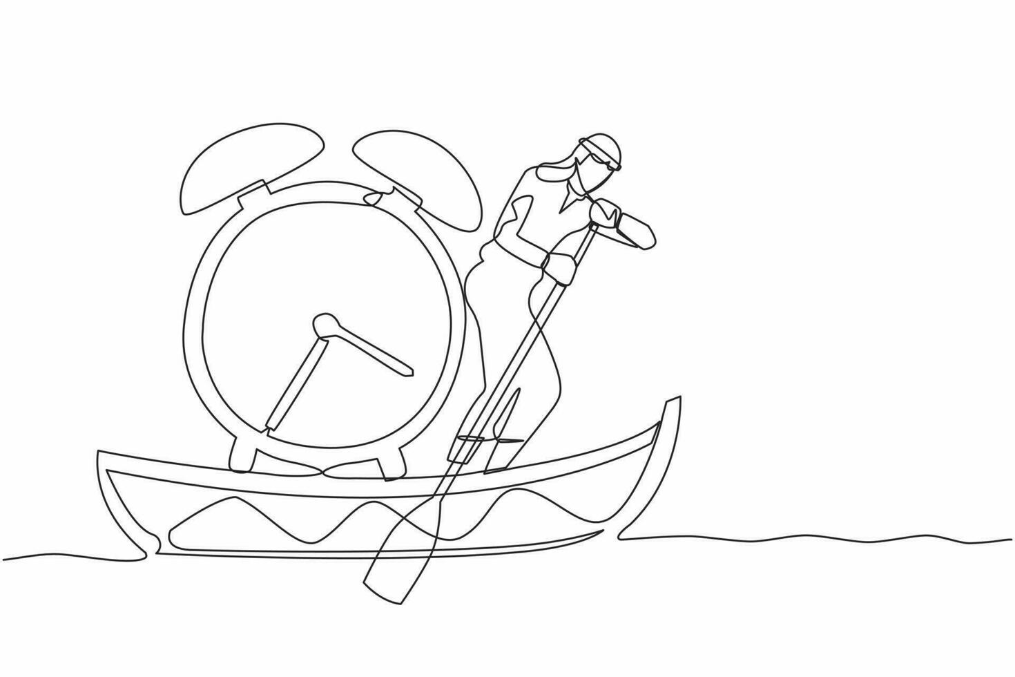kontinuerlig ett linje teckning arab affärsman segling bort på båt med larm klocka. tid förvaltning i företag projekt deadline. Framgång företag. enda linje dra design vektor grafisk illustration