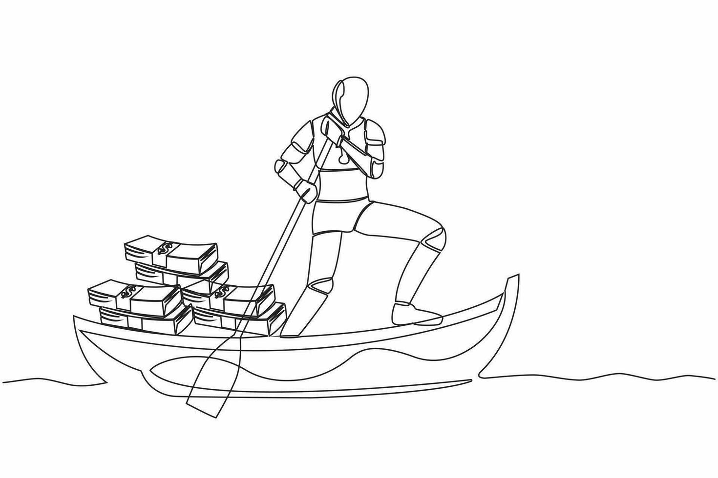 Single einer Linie Zeichnung Roboter Segeln Weg auf Boot mit Stapel von Banknote. Digital finanziell Verbrechen oder Geld Waschen. Roboter künstlich Intelligenz. kontinuierlich Linie zeichnen Design Vektor Illustration