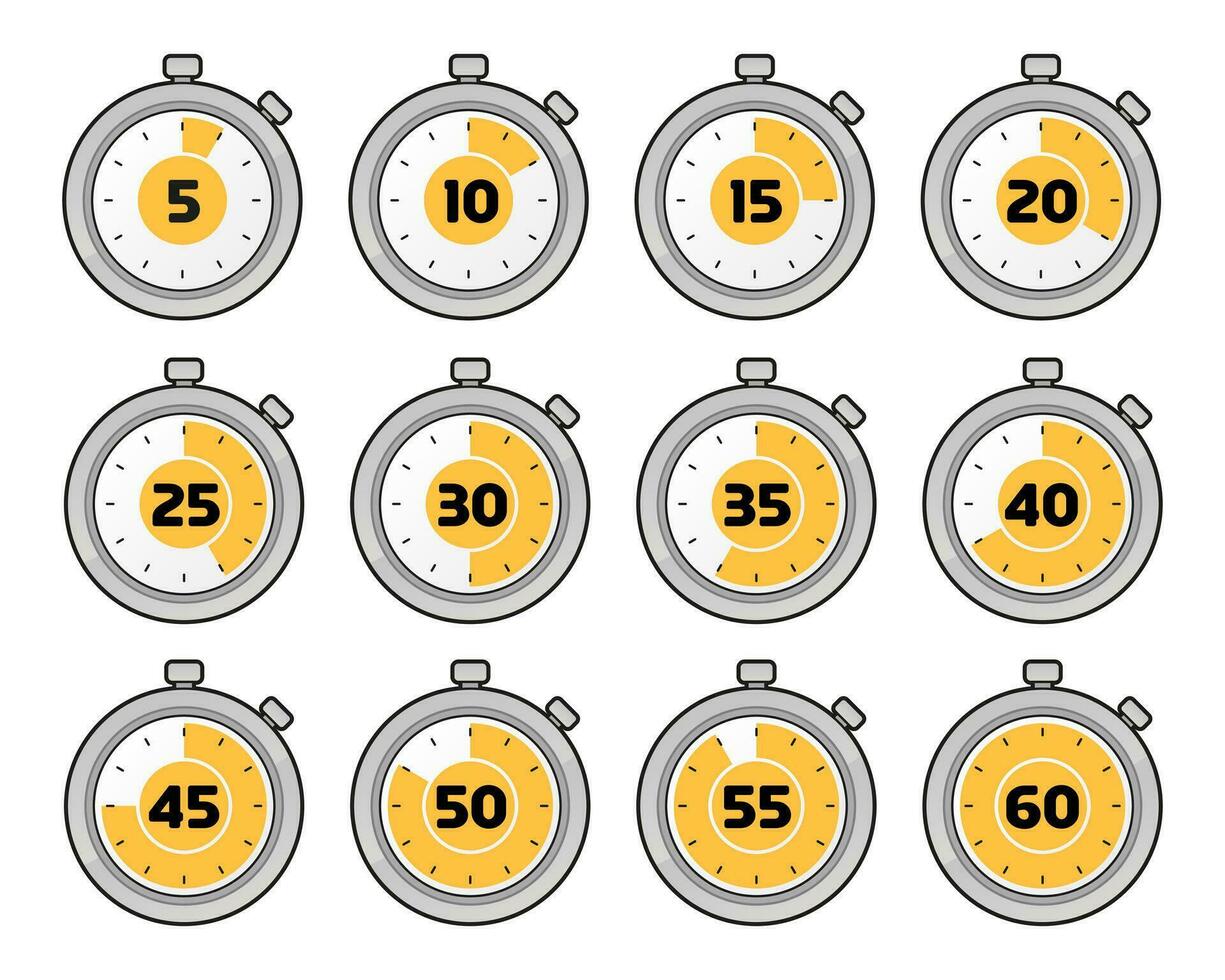 Küche Timer Uhr. 1 zu 60 Protokoll Countdown Symbole. isoliert Vektor. vektor