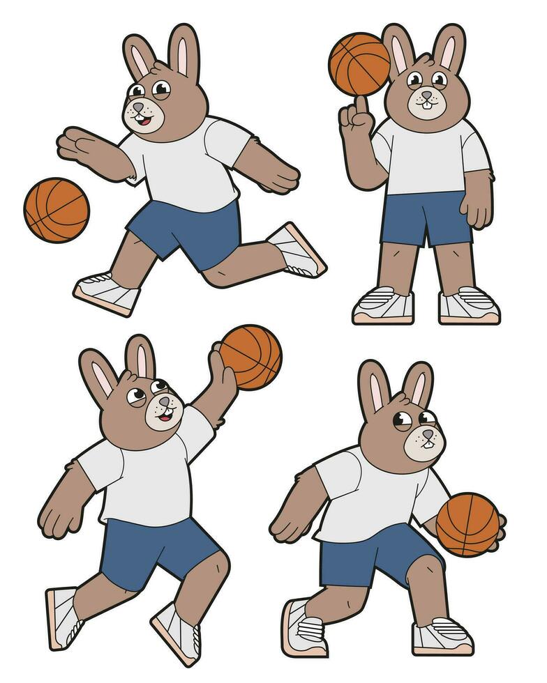 Basketball Hase Karikatur isoliert Vektor Illustration Satz.