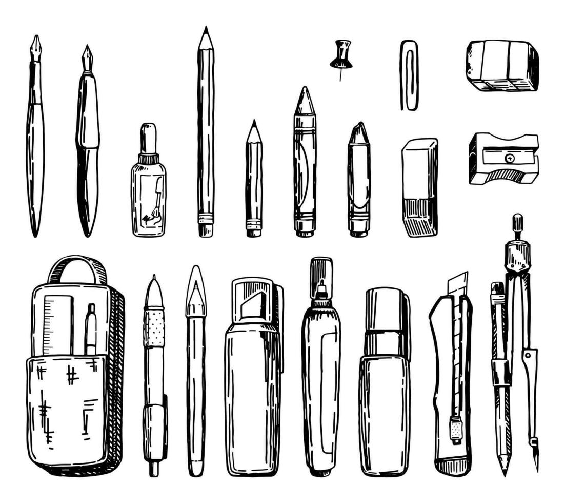 Schule Schreibwaren liefert Skizzen Sammlung. einstellen von Schreiben Utensilien, Büro Artikel. Hand gezeichnet Vektor Illustrationen. zurück zu Schule Cliparts isoliert auf Weiß.