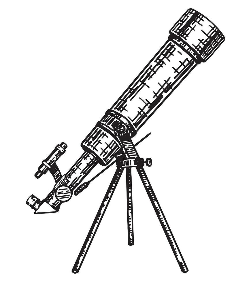 Teleskop auf Stativ skizzieren. astronomisch Ausrüstung, wissenschaftlich Instrument Gliederung Clip Kunst. Hand gezeichnet Vektor Illustration isoliert auf Weiß.