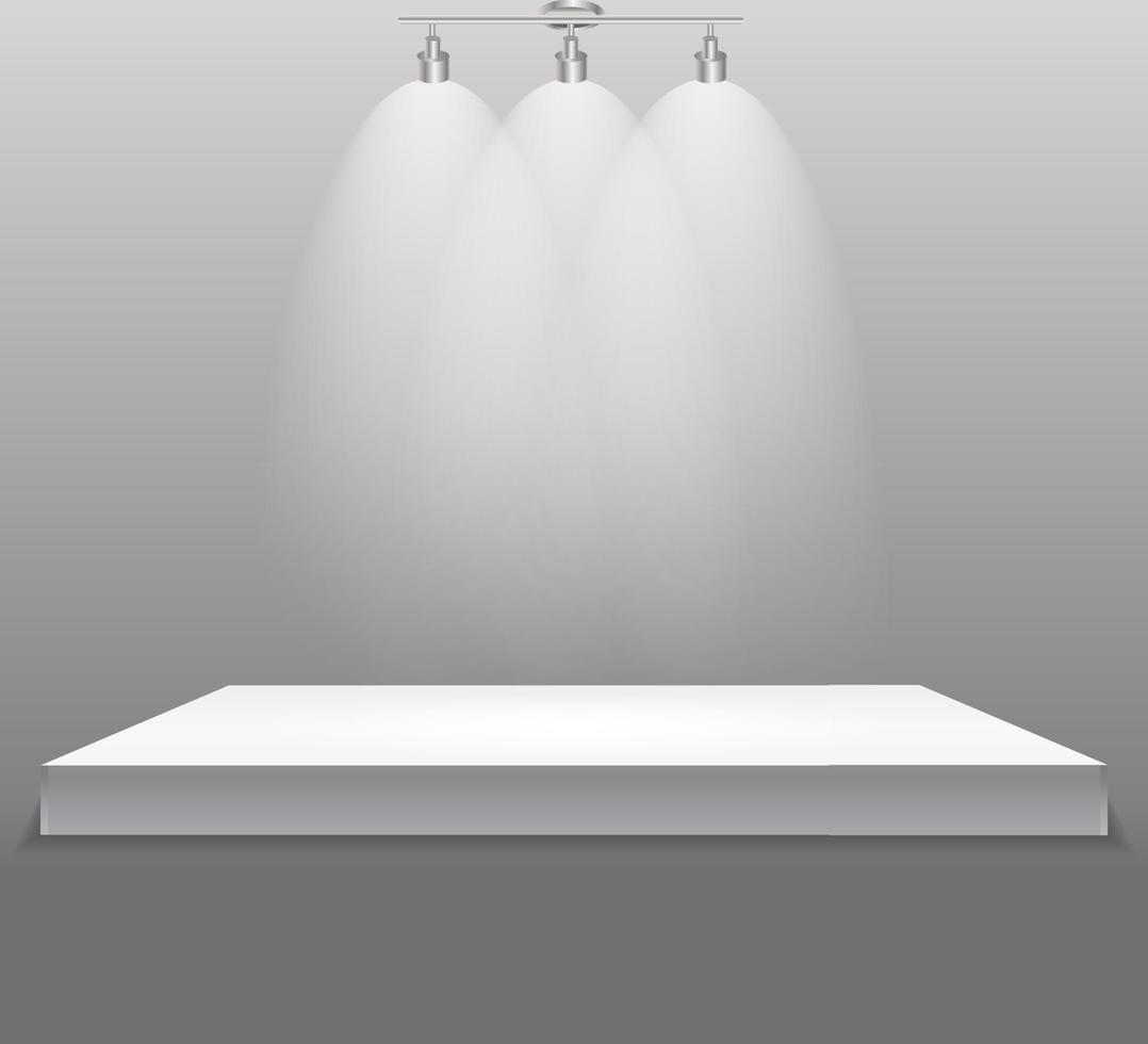 Ausstellungskonzept, weißer leerer Regalständer mit Beleuchtung vektor