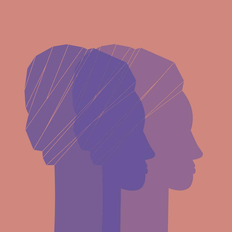 porträtt av afrikansk amerikaner silhuett kvinnor i profil bär turban hand dragen vektor illustration. kvinnor av Färg stå tillsammans begrepp jämlikhet rörelse bemyndigande, feminism, mot rasism