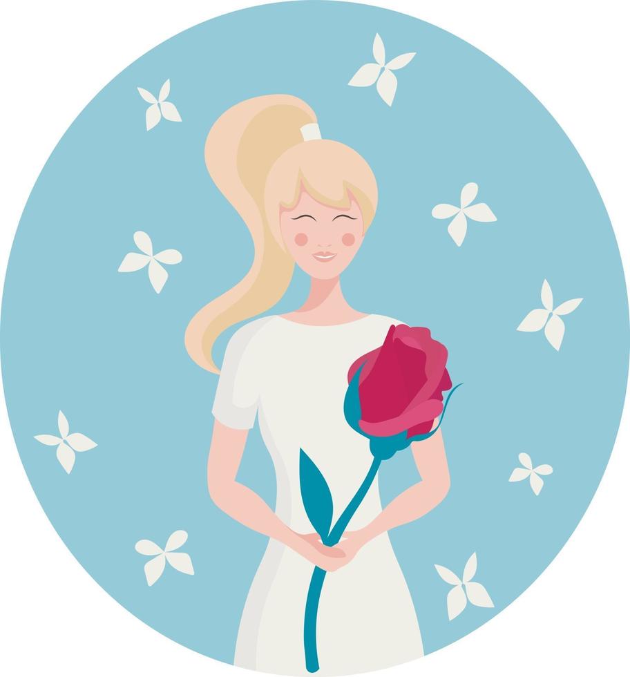 Cartoon-Blondine mit Rose auf blauem Hintergrund mit Schmetterlingen. vektor