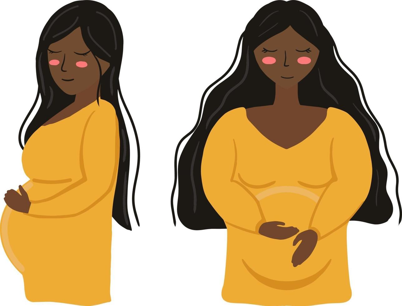 Vektor schwangere Frau mit gelbem Kleid und dunkelbraunen Haaren