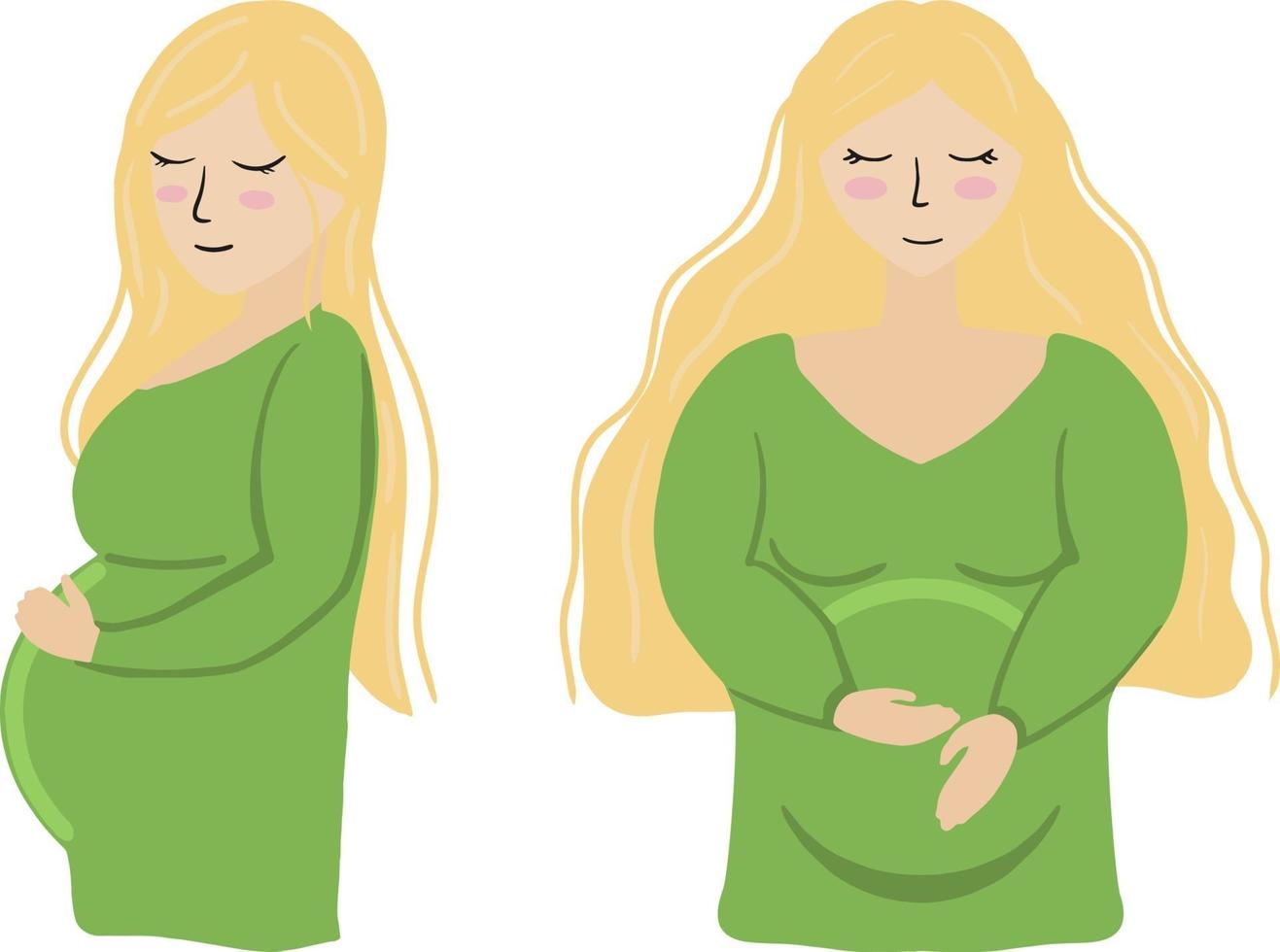 vektor illustration gravid kvinna med grön klänning och blont hår