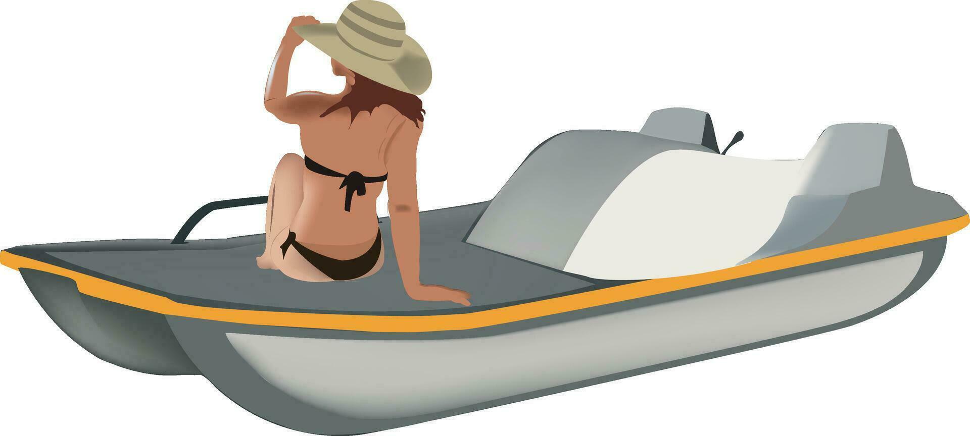 kvinna i baddräkt på semester på en trampa båt- vektor