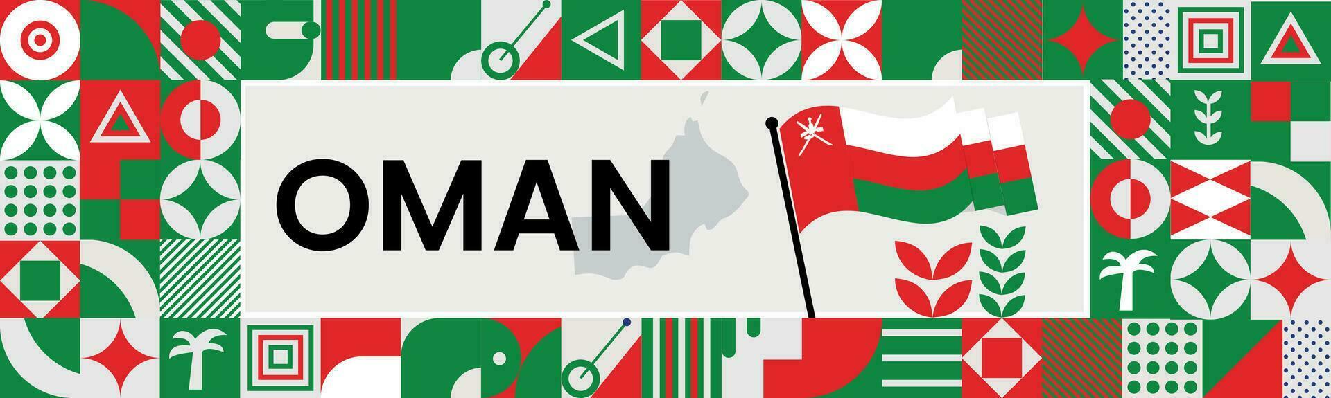 Oman National Tag Banner mit Karte, Flagge Farben Thema Hintergrund und geometrisch abstrakt retro modern bunt Design mit angehoben Hände oder Fäuste. vektor