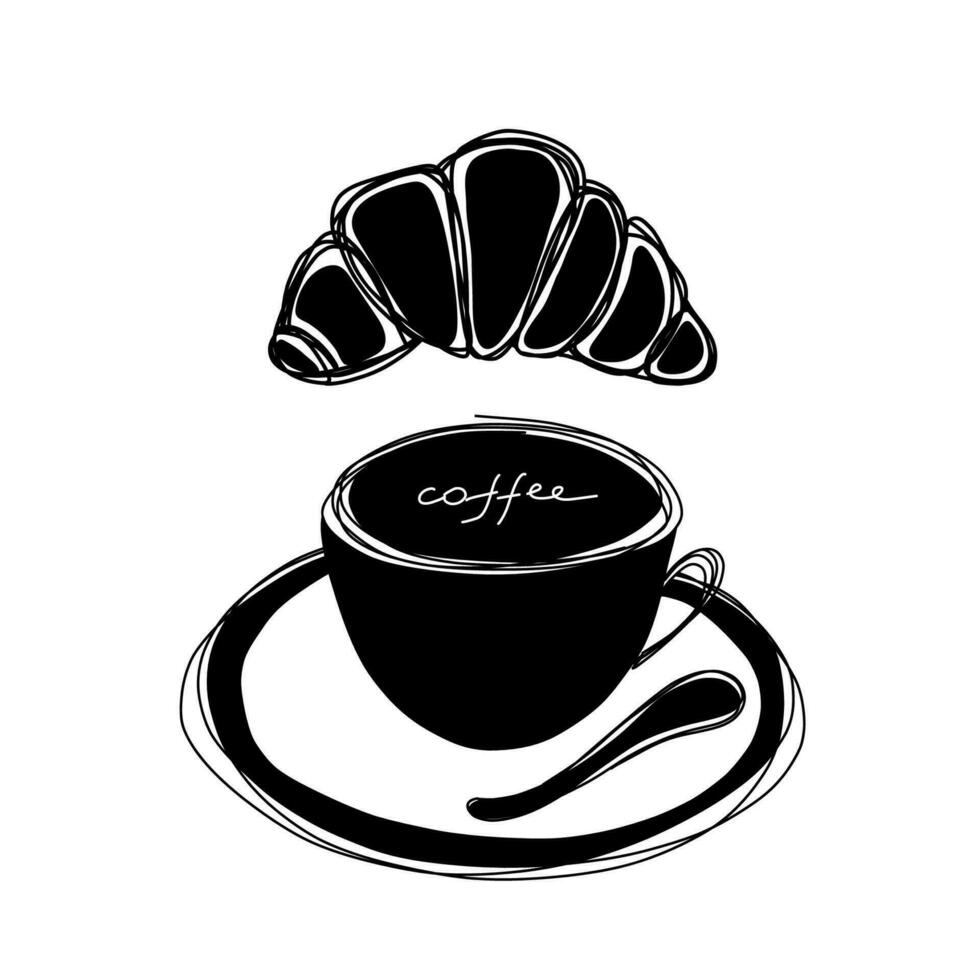 Gekritzel Kaffee Tasse mit Croissant. Linie Kunst auf das Weiß Hintergrund. Hand gezeichnet Vektor Illustration zum Cafe und Küche. Gekritzel Cafe Logo Design.