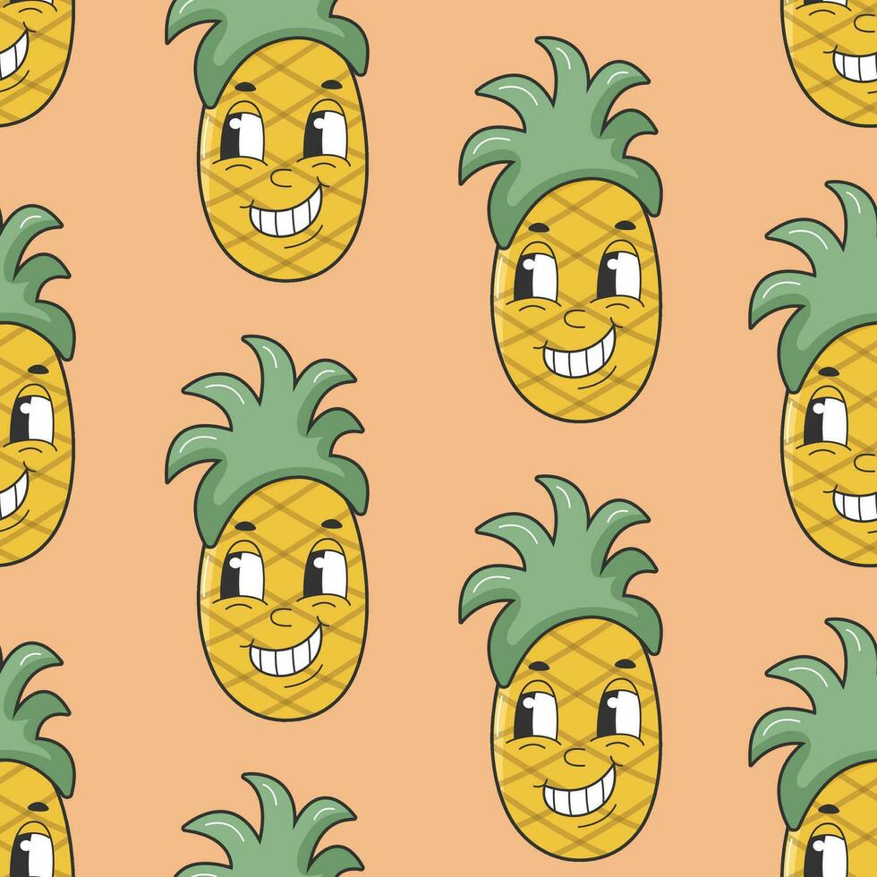 häftig sommar vektor skriva ut med ananas. 90s frukt rolig retro häftig mönster med tecknad serie hippie karaktär. komisk karaktär av ananas med en ansikte. ljuv saftig färsk frukter.