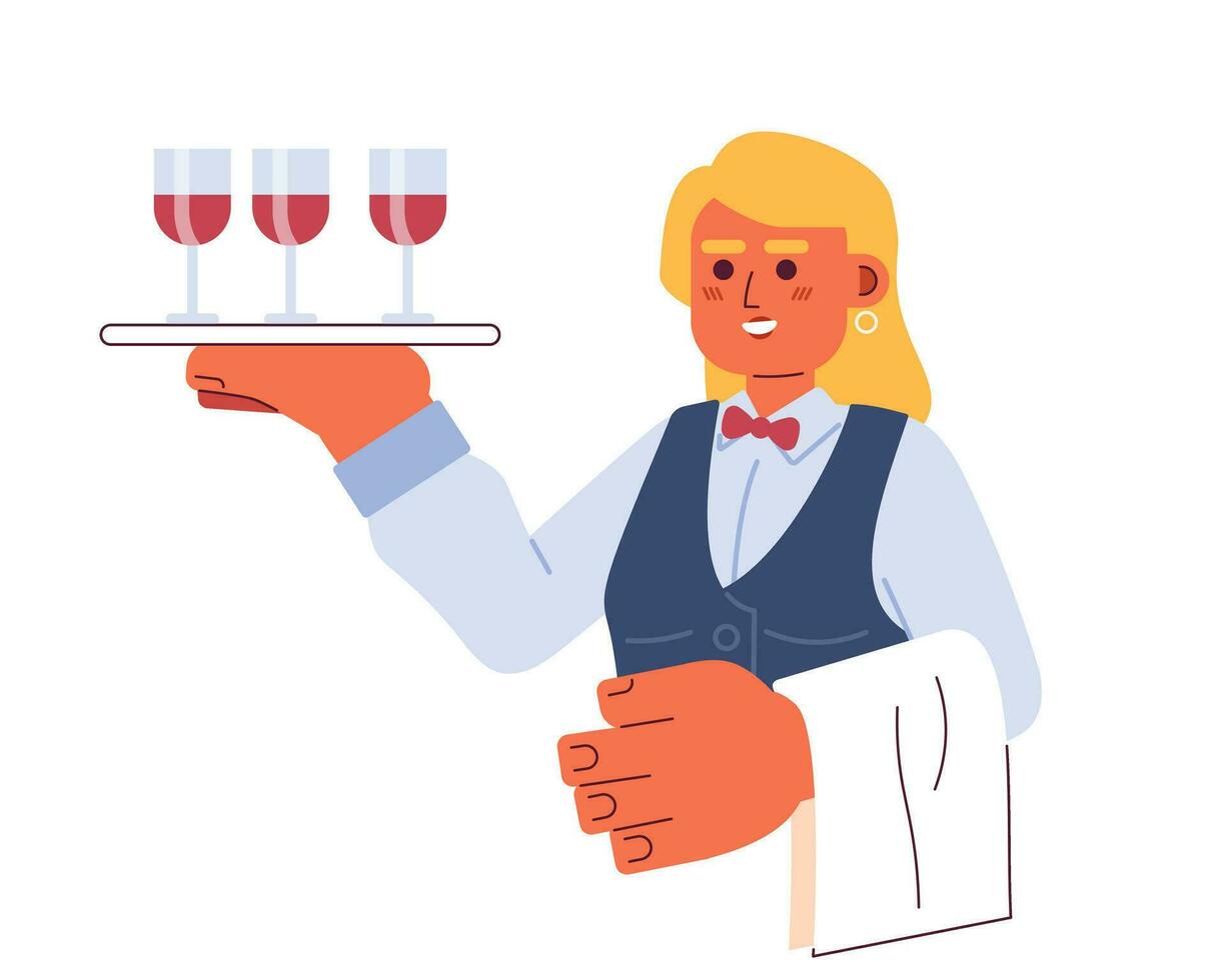 caucasian ung vuxen kvinna vin server 2d tecknad serie karaktär. europeisk servitris tjänande bricka isolerat vektor person vit bakgrund. värdinna vänlig med vin glasögon Färg platt fläck illustration