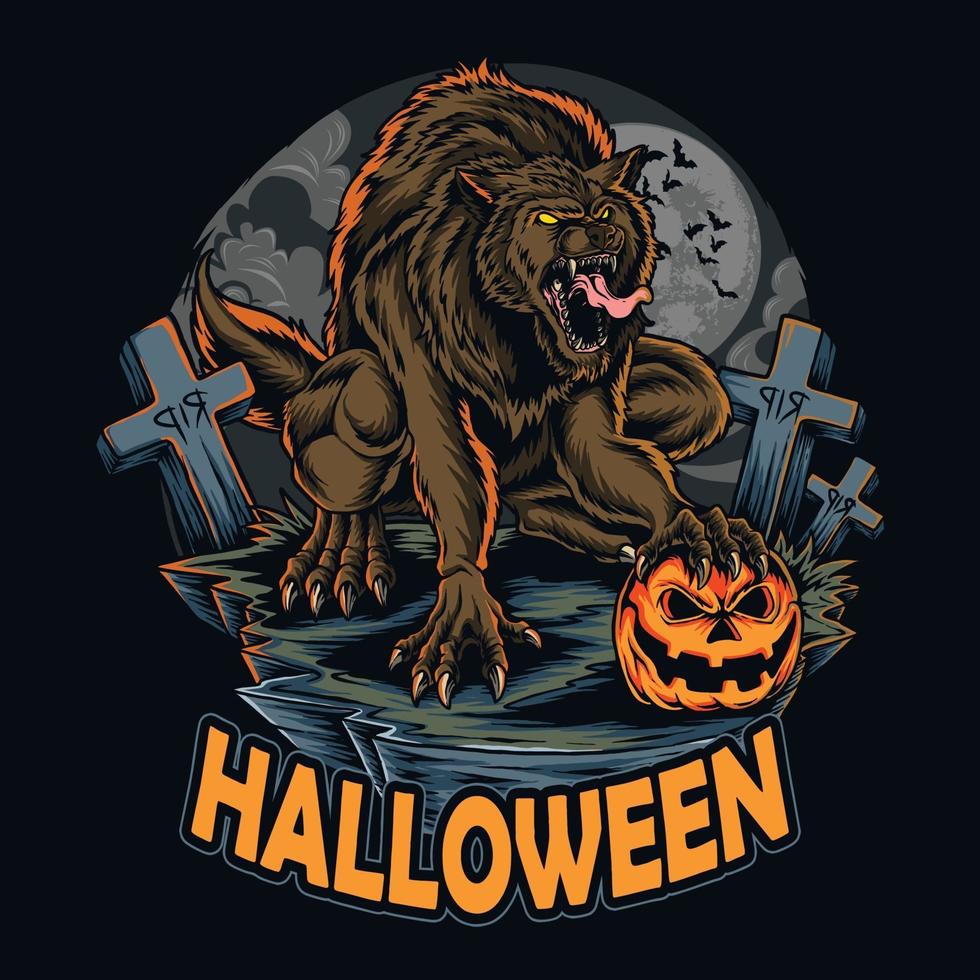 Halloween-Werwolf in der Halloween-Nacht mit Halloween-Kürbis vektor