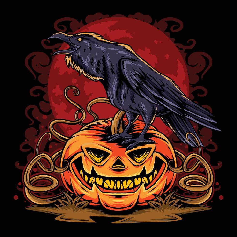 Halloween-Krähe auf Halloween-Kürbis bei Vollmond vektor