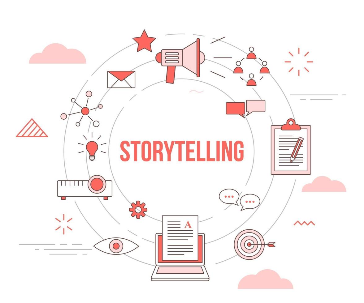 Storytelling-Konzept mit Icon-Set-Vorlagenbanner vektor