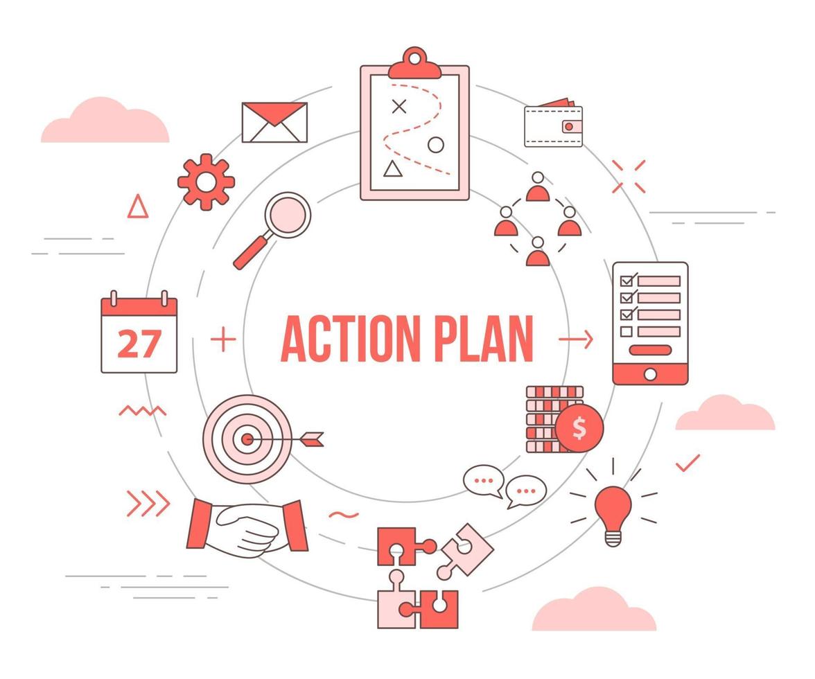 Business-Aktionsplan-Konzept mit Icon-Set-Vorlage-Banner vektor
