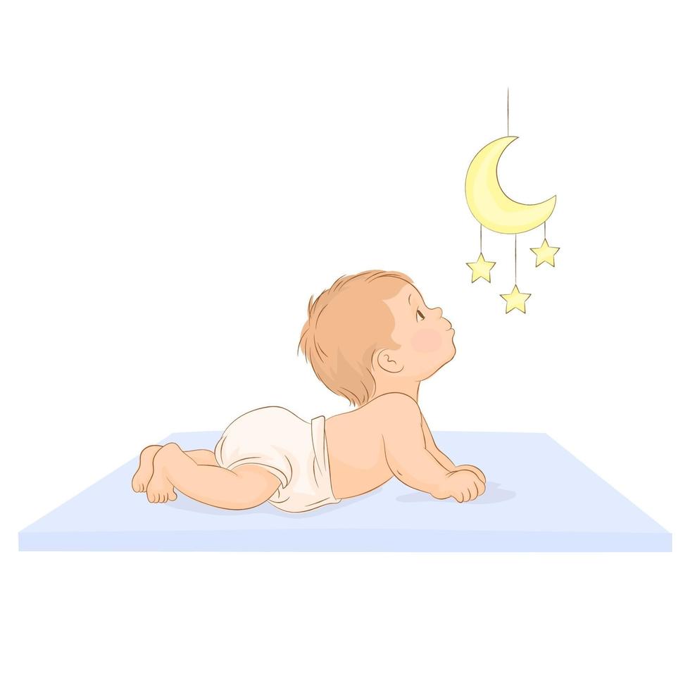 Baby, das Mond und Sterne mobiles Spielzeug beobachtet vektor