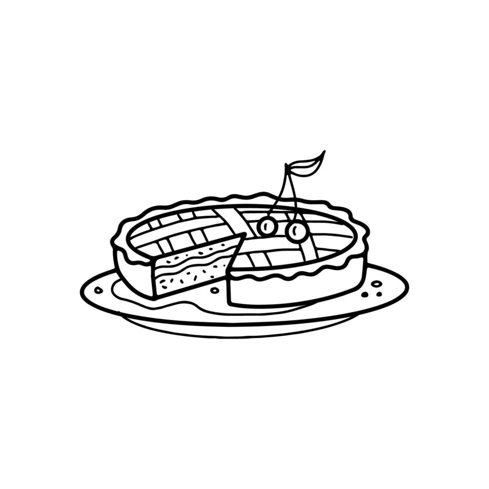 Kirschkuchen oder Kuchen in Doodle-Stil Handzeichnung vektor