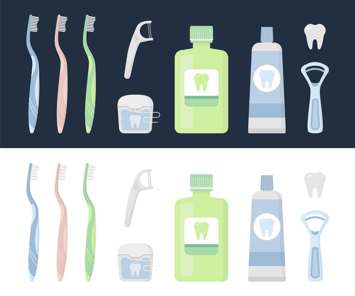 zahnärztliches Werkzeug, Zahn, Bürste, Zahnseide, Mundwasser, Paste vektor