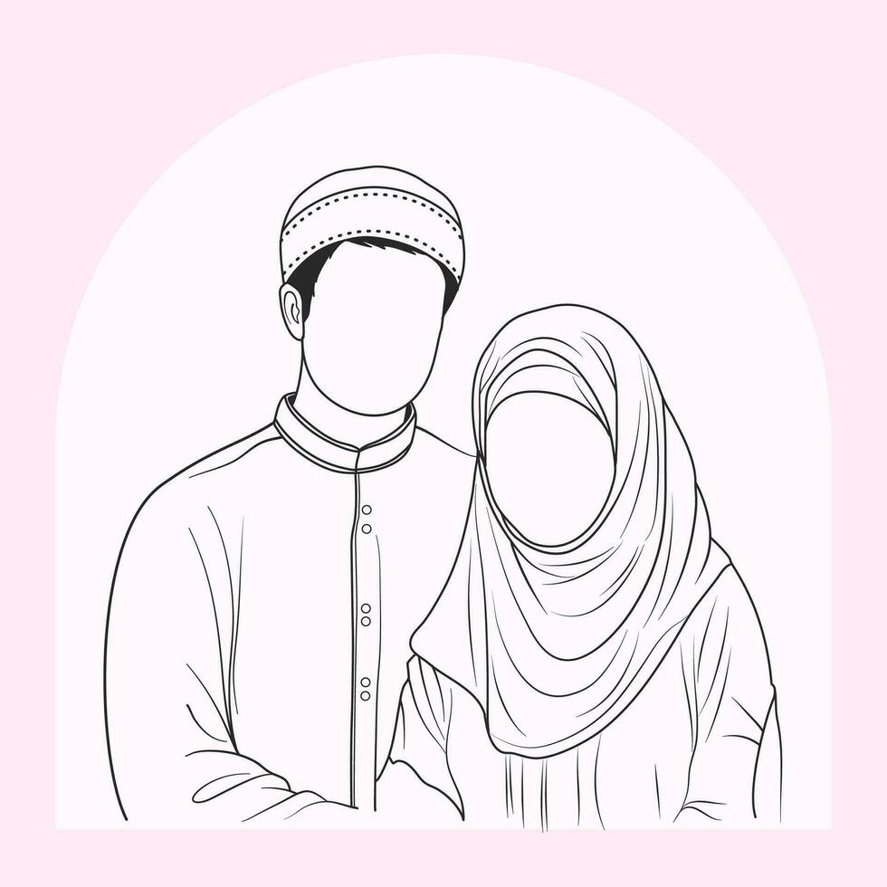 hand dragen muslim par innehav händer linje konst vektor