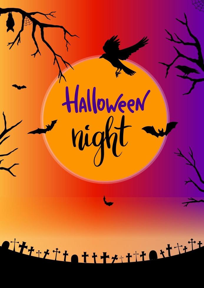 halloween skrämmande affisch, inbjudan med måne, fladdermöss, grusstenar vektor