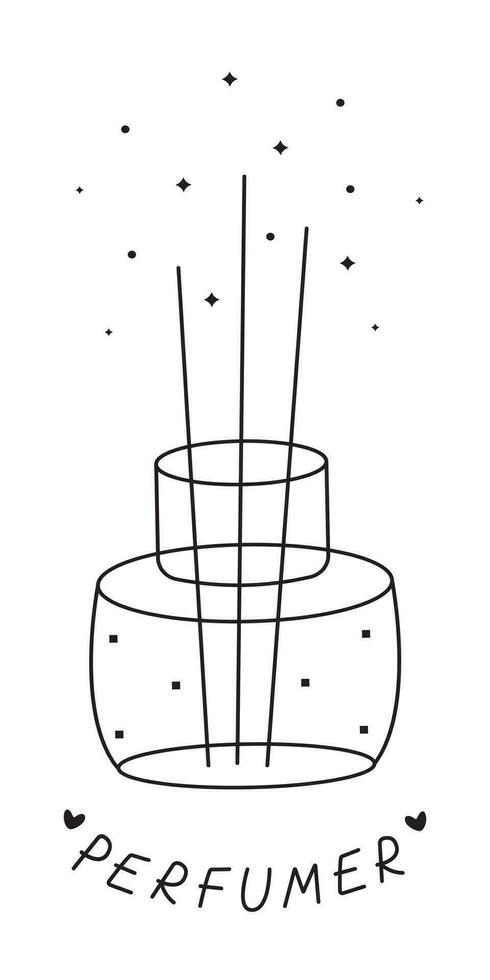 rökelse pinnar, piktogram av en glas parfym burk, magisk doft, vektor klotter av arom, svart linje illustration för parfymer