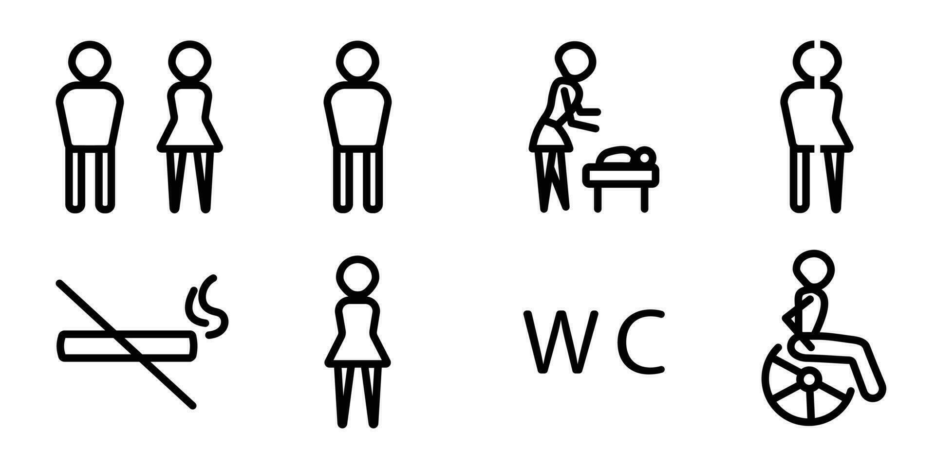 toalett tecken, toalett svart linje ikon uppsättning, original- översikt toalett symboler vektor