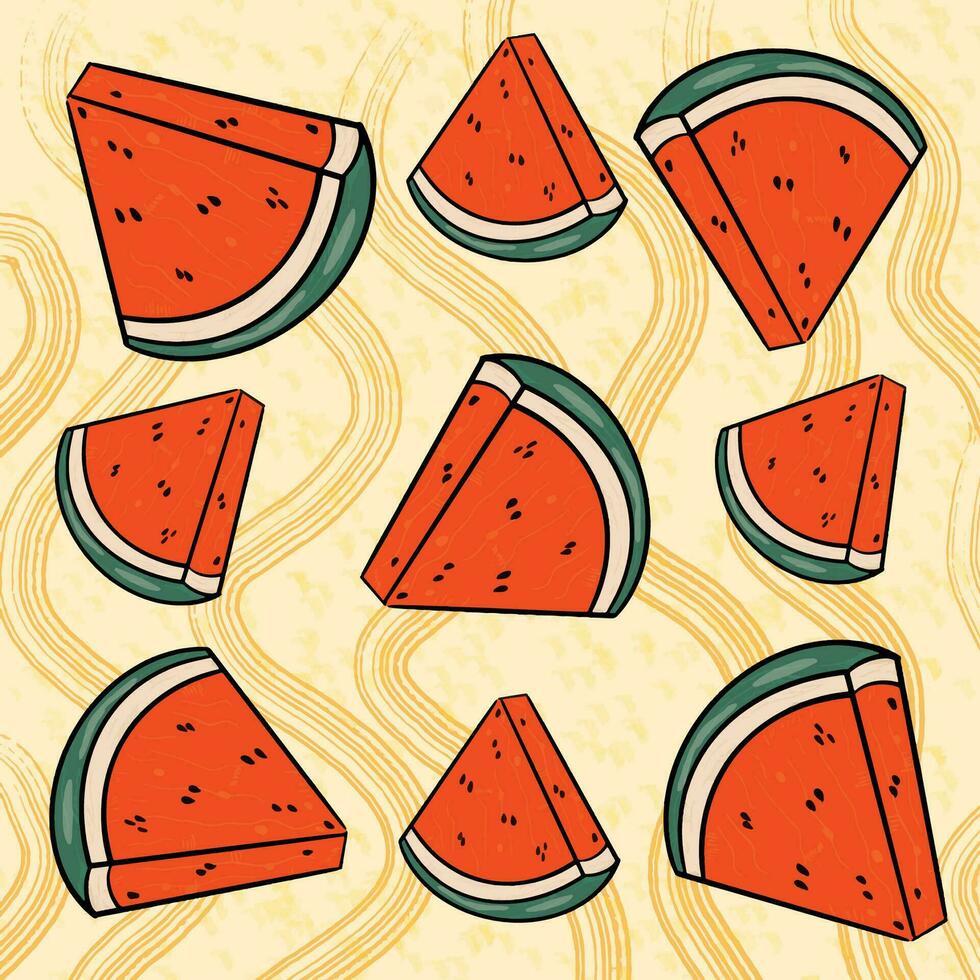 Wassermelone frisch Grün öffnen Wassermelone Hälfte, Scheiben und Dreiecke. rot Wassermelone Stück mit beissen. geschnitten Cocktail Wasser Melone Obst Vektor Satz. Illustration von Wassermelone.