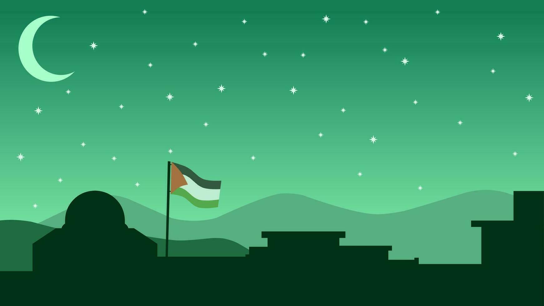 Palästina Landschaft Vektor Illustration. Silhouette von al aqsa Moschee im das Nacht mit Halbmond Mond und Stern. Landschaft Illustration von Palästina zum Hintergrund oder Hintergrund
