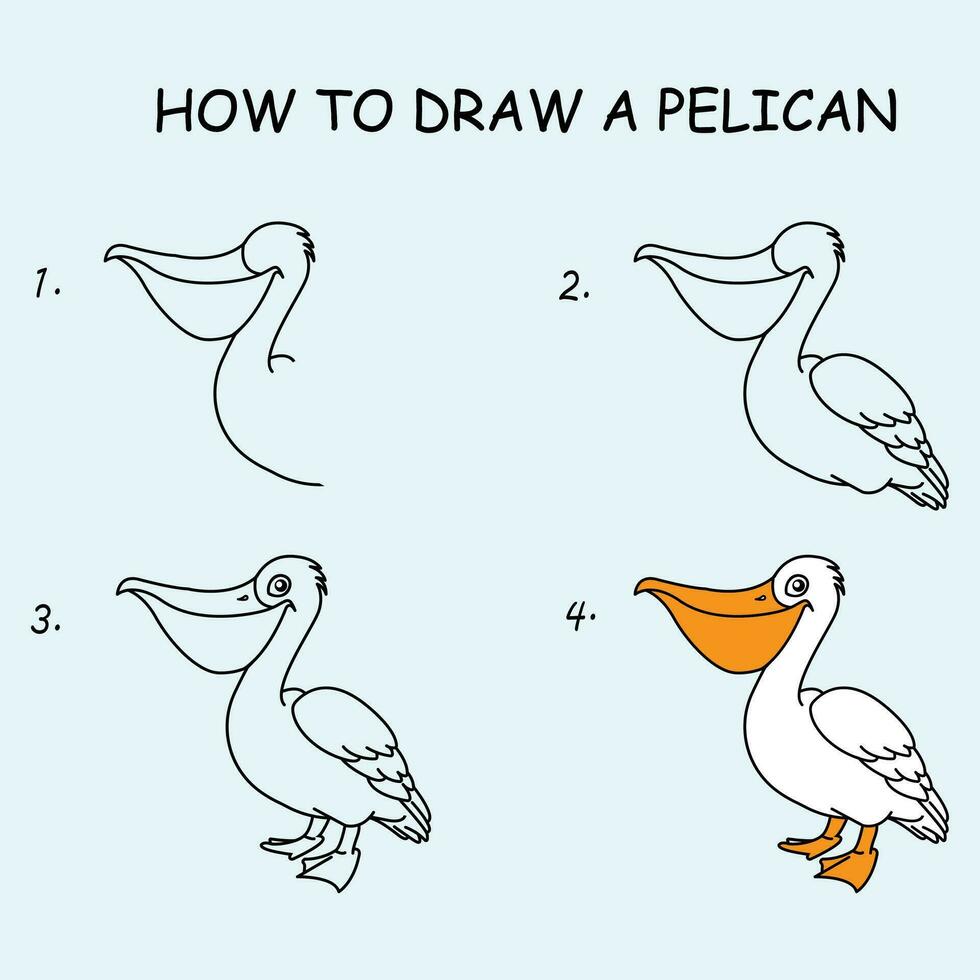Schritt durch Schritt zu zeichnen ein Pelikan Vogel. Zeichnung Lernprogramm ein Hubschrauber. Zeichnung Lektion zum Kinder. Vektor Illustration