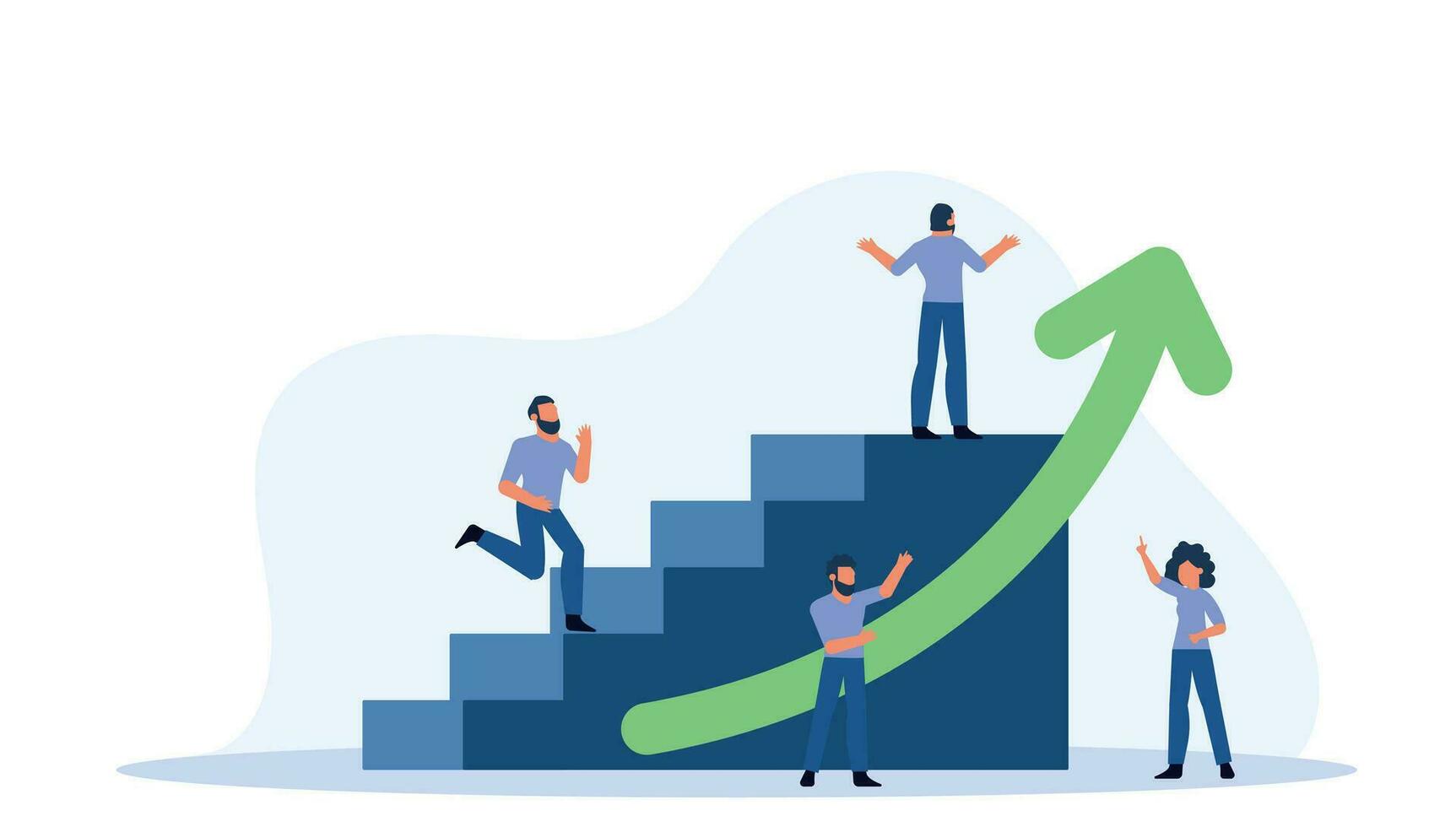 grupp av människor stående på topp av en trappa med pil gående upp. människor leende och ser upp på de pil. människor är arbetssätt tillsammans till uppnå en allmänning mål. vektor platt illustration