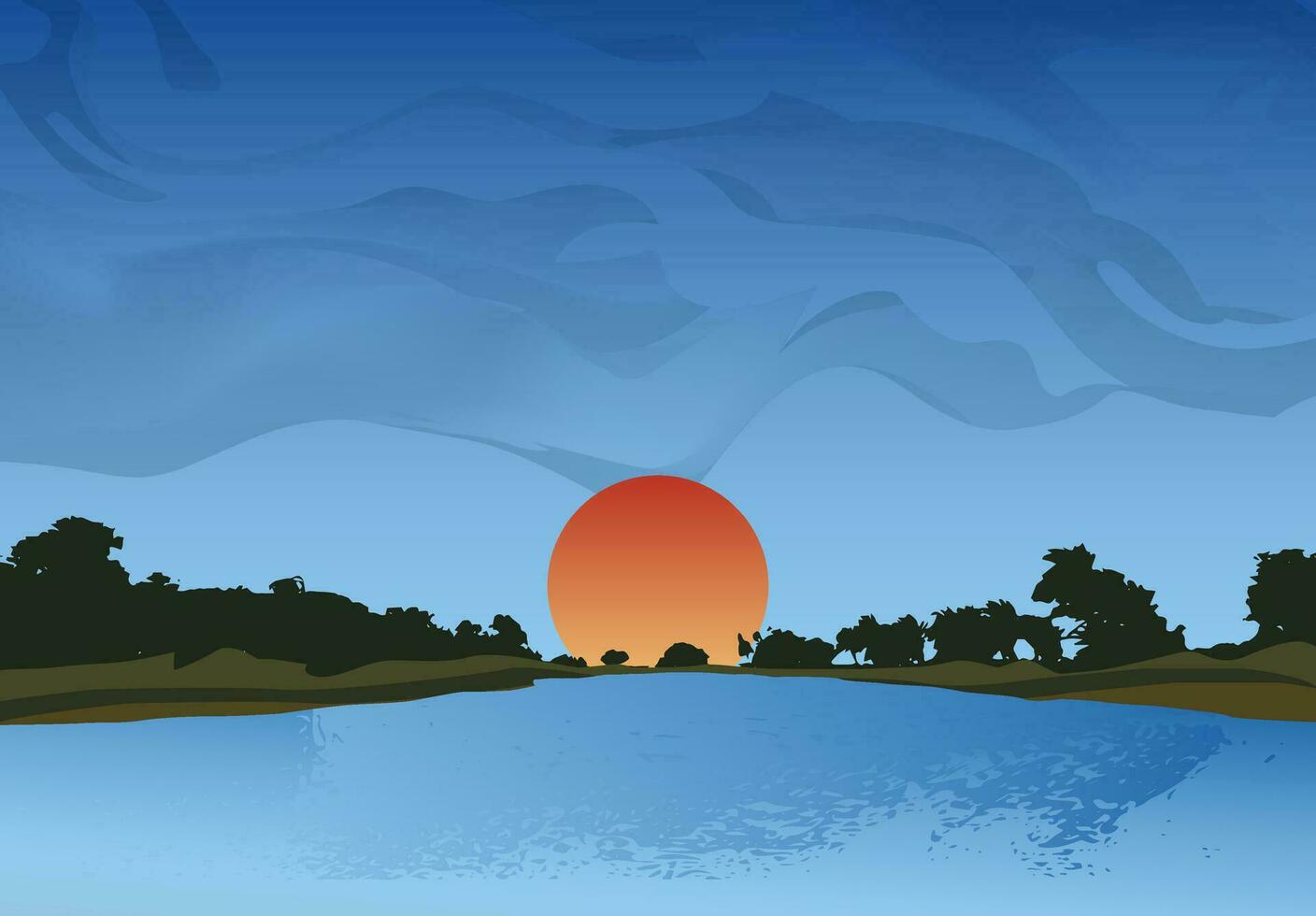 soluppgång över de flod, en solnedgång över en sjö med träd och vatten vektor årgång illustrationer