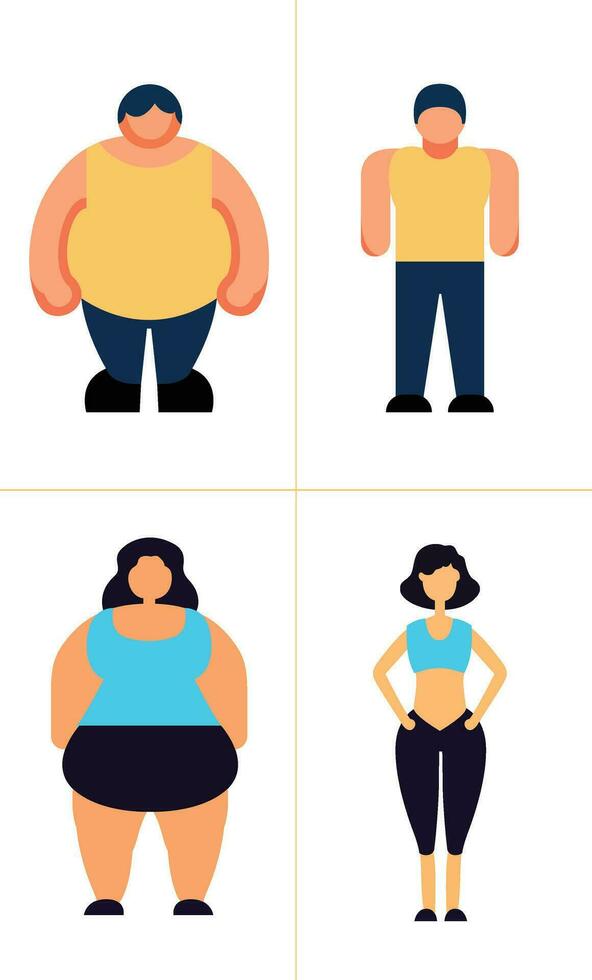 fett person och passa person platt stil vektor illustration, annorlunda kropp typer, fet person och mager person, kvinna och man passa och olämplig stock vektor bild