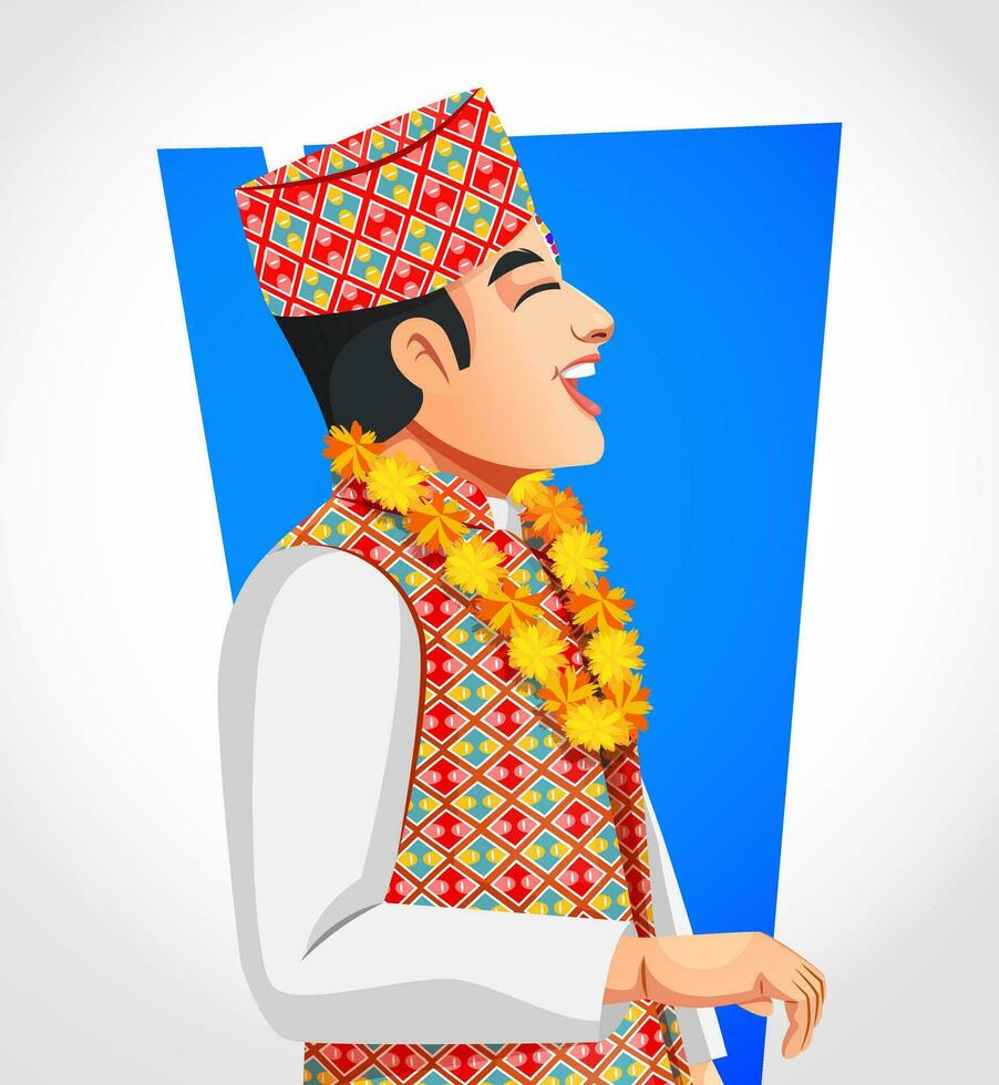 Vektor Seite Profil von ein Nepalese jung Mann Lachen und posieren zum bhai tihar oder bhai Tika ein Festival von Nepal