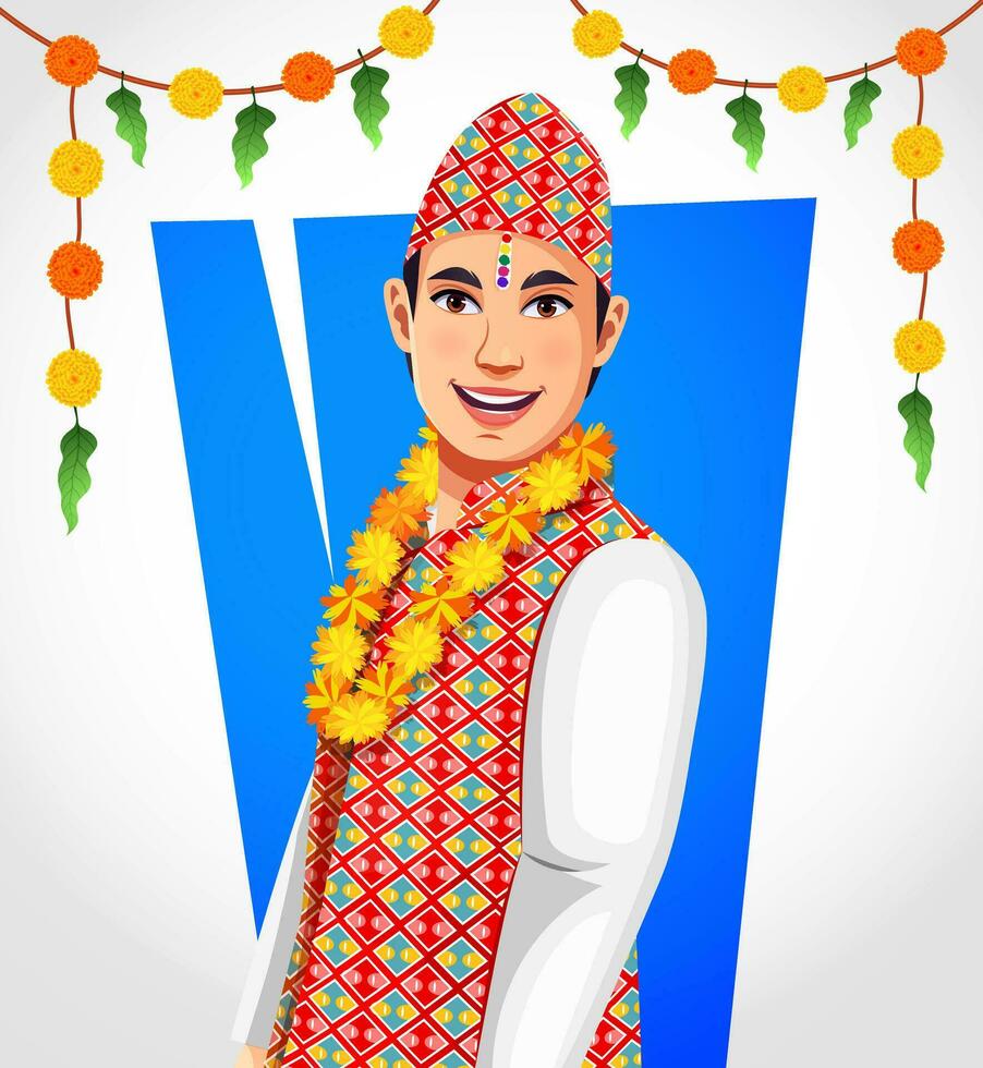 Vektor Seite Profil von ein Nepalese jung Mann posieren zum bhai tihar oder bhai Tika ein Festival von Nepal
