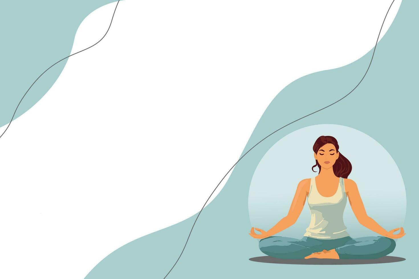 meditieren Frau. Vektor Illustration von Karikatur jung Brünette Frau Sitzung im Yoga Lotus Position umgeben durch Pflanze Blätter. Vektor Illustration