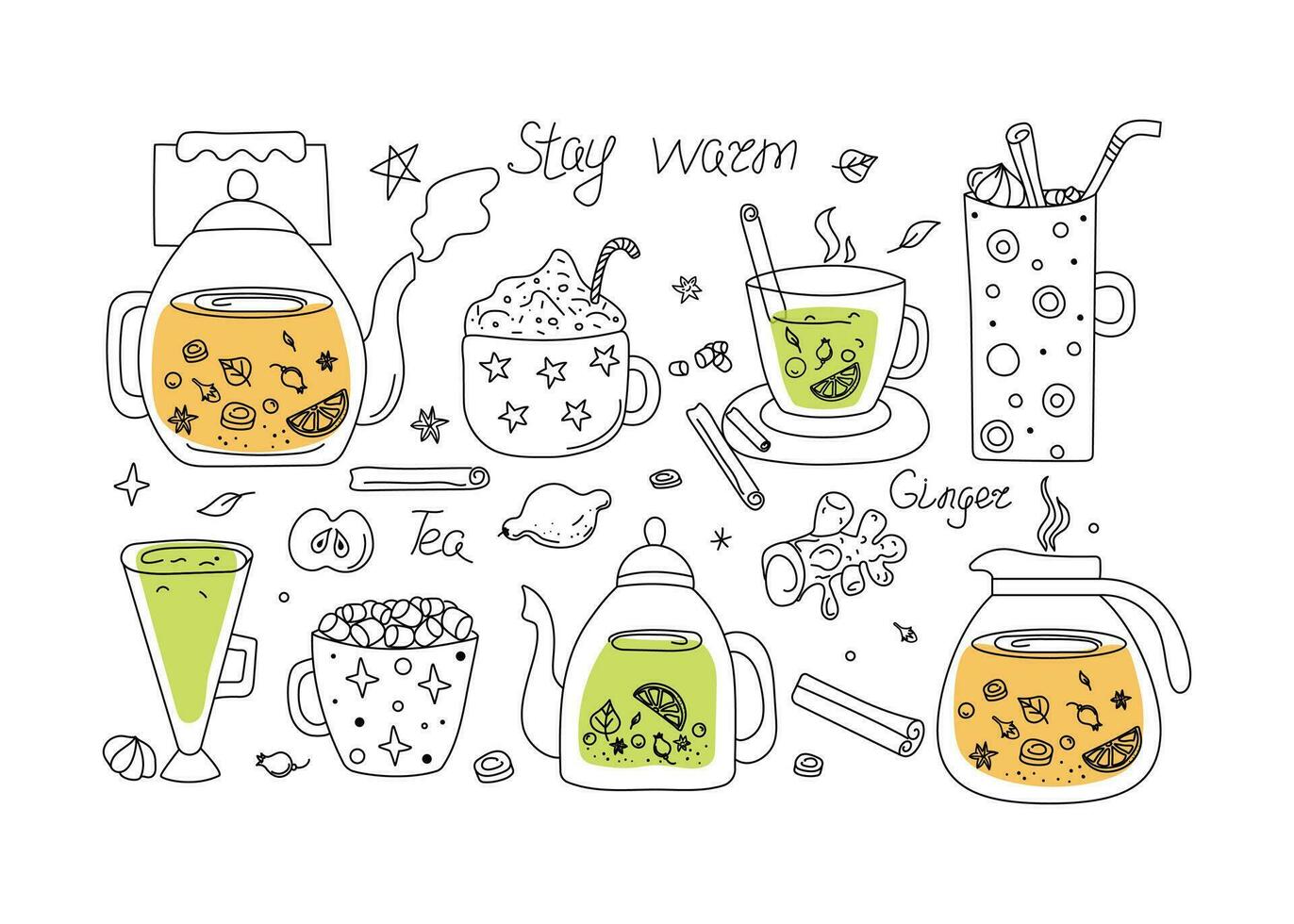 heiß gesund Getränke. Tee im Tasse, Teekannen, Süßigkeiten, Nachtisch. Winter Jahreszeit. vektor