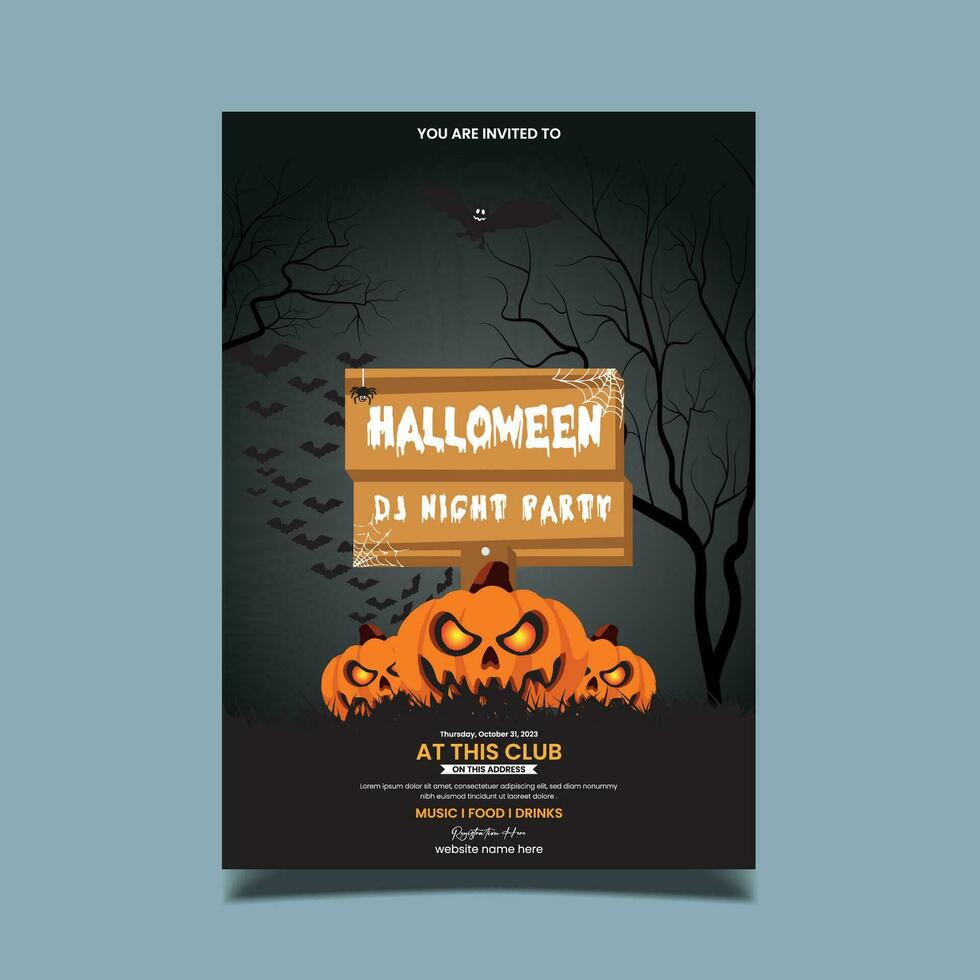 halloween natt bakgrund med pumpa, spökhus och fullmåne. reklamblad eller inbjudningsmall för halloween-fest. vektor illustration.