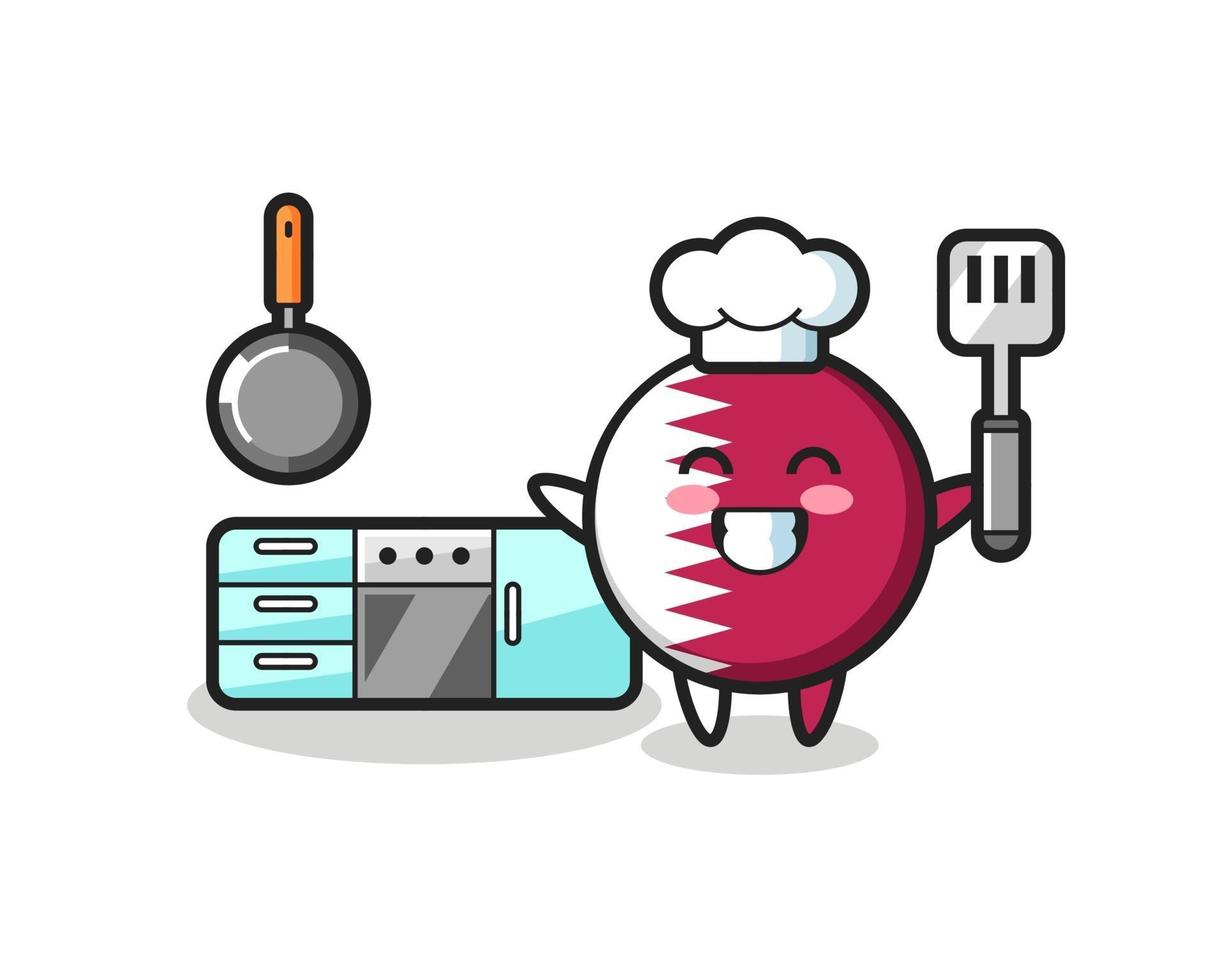 Katar-Flagge-Abzeichen-Charakterillustration, während ein Koch kocht vektor