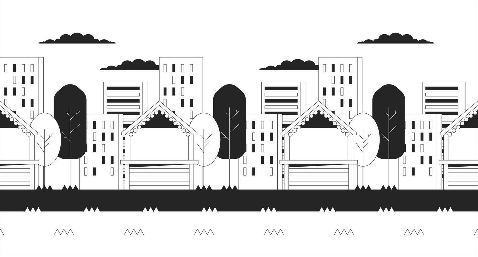 fairground bås stadsbild kväll svart och vit lofi tapet. tömma rättvis ställer ut 2d översikt stadsbild tecknad serie platt illustration. stängd gata kiosker rad vektor linje lo fi estetisk bakgrund