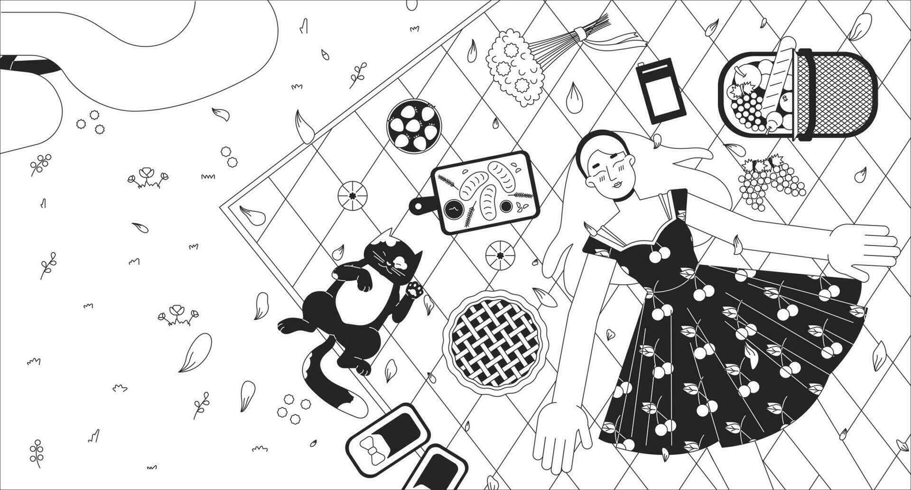 Decke Picknick Mädchen Katze schwarz und Weiß lofi Hintergrund. Sakura Blütenblätter fallen auf jung Frau 2d Gliederung oben Aussicht Charakter Karikatur eben Illustration. Frühling Vektor Linie siehe da fi ästhetisch Hintergrund