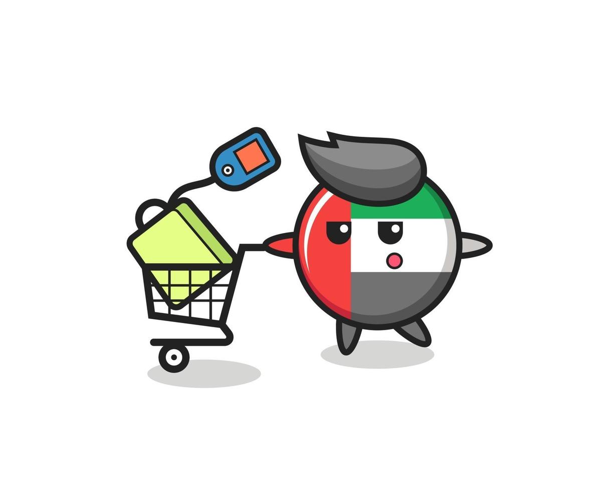vae-flaggen-abzeichen-cartoon mit einem einkaufswagen vektor