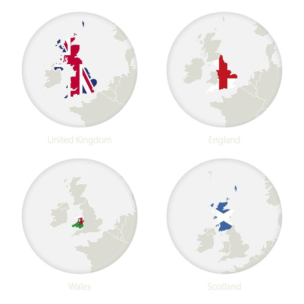 förenad rike, England, Wales, skottland Karta kontur och nationell flagga i en cirkel. vektor