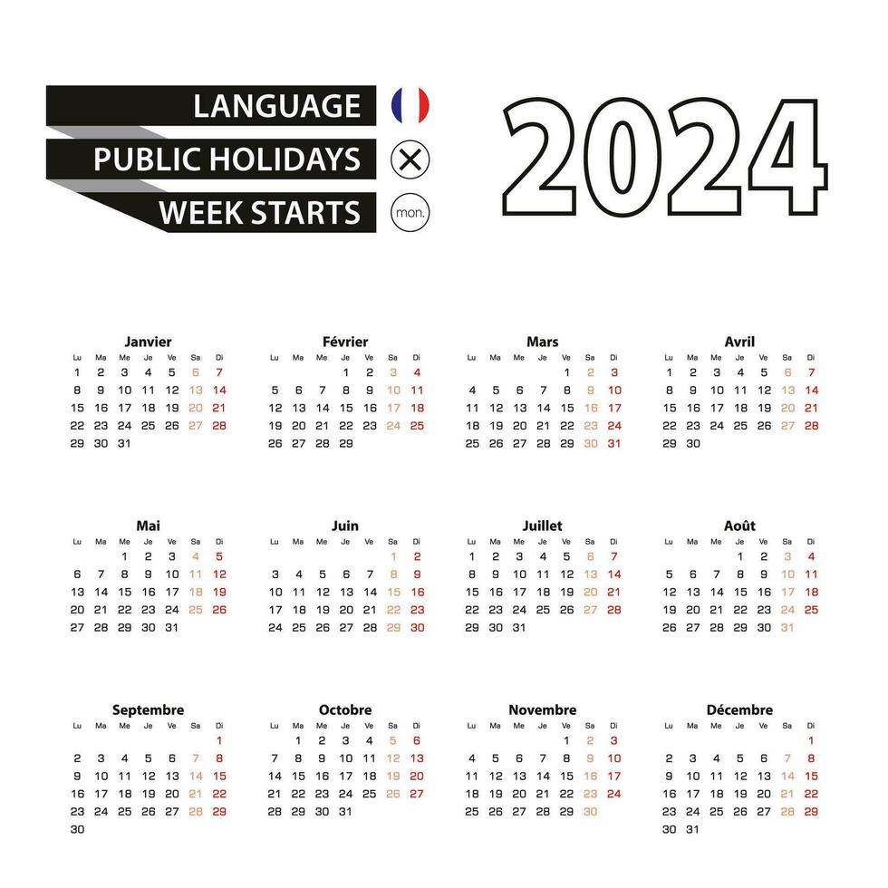 kalender 2024 i franska språk, vecka börjar på måndag. vektor