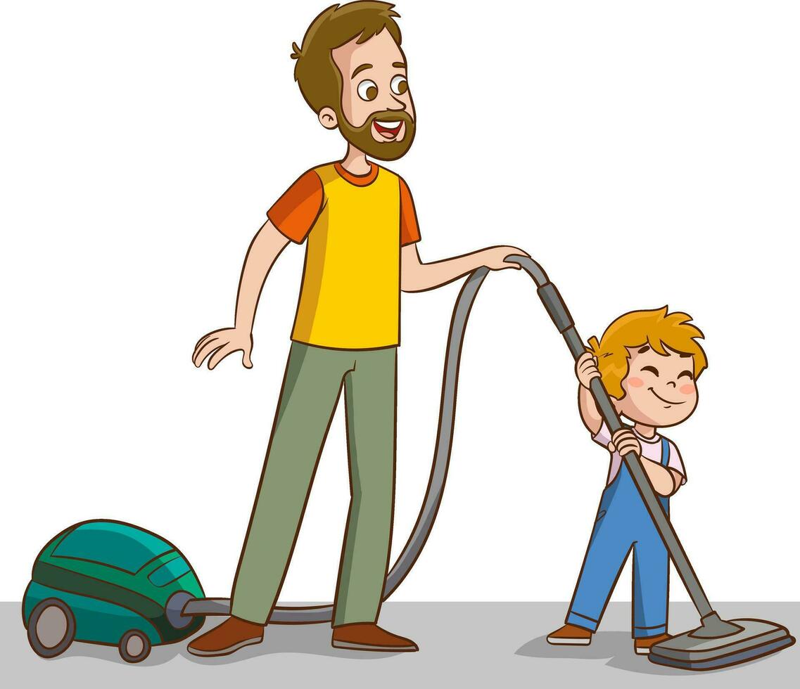 familj hushållsarbete. föräldrar och barn rena upp hus tecknad serie vektor