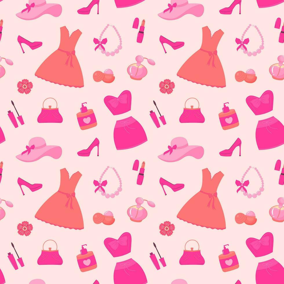 Pinkcore Glanz nahtlos Muster. Rosa Muster mit süß Jahrgang weiblich Zubehör, Kleider und bilden Kosmetik. vektor