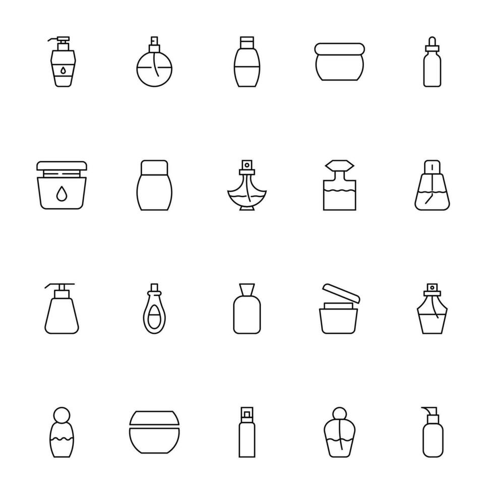 kosmetisk flaskor vektor ikon uppsättning. lämplig för böcker, butiker, butiker. redigerbar stroke i minimalistisk översikt stil. symbol för design