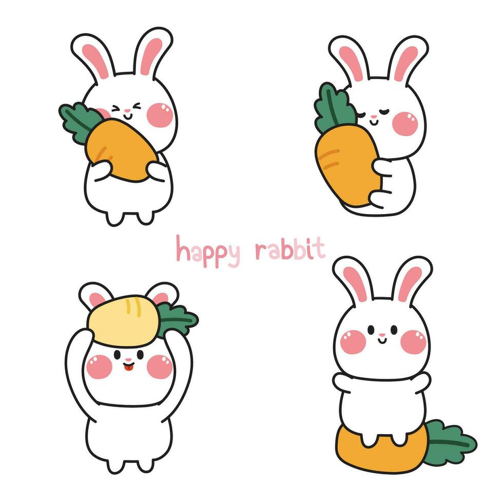 uppsättning av söt kanin med morot i olika poserar.glad kanin tecknad serie hand dragen samling.påsk.vår.grönsaker.bild för kort, affisch, klistermärke, baby product.kawaii.vector.illustration. vektor